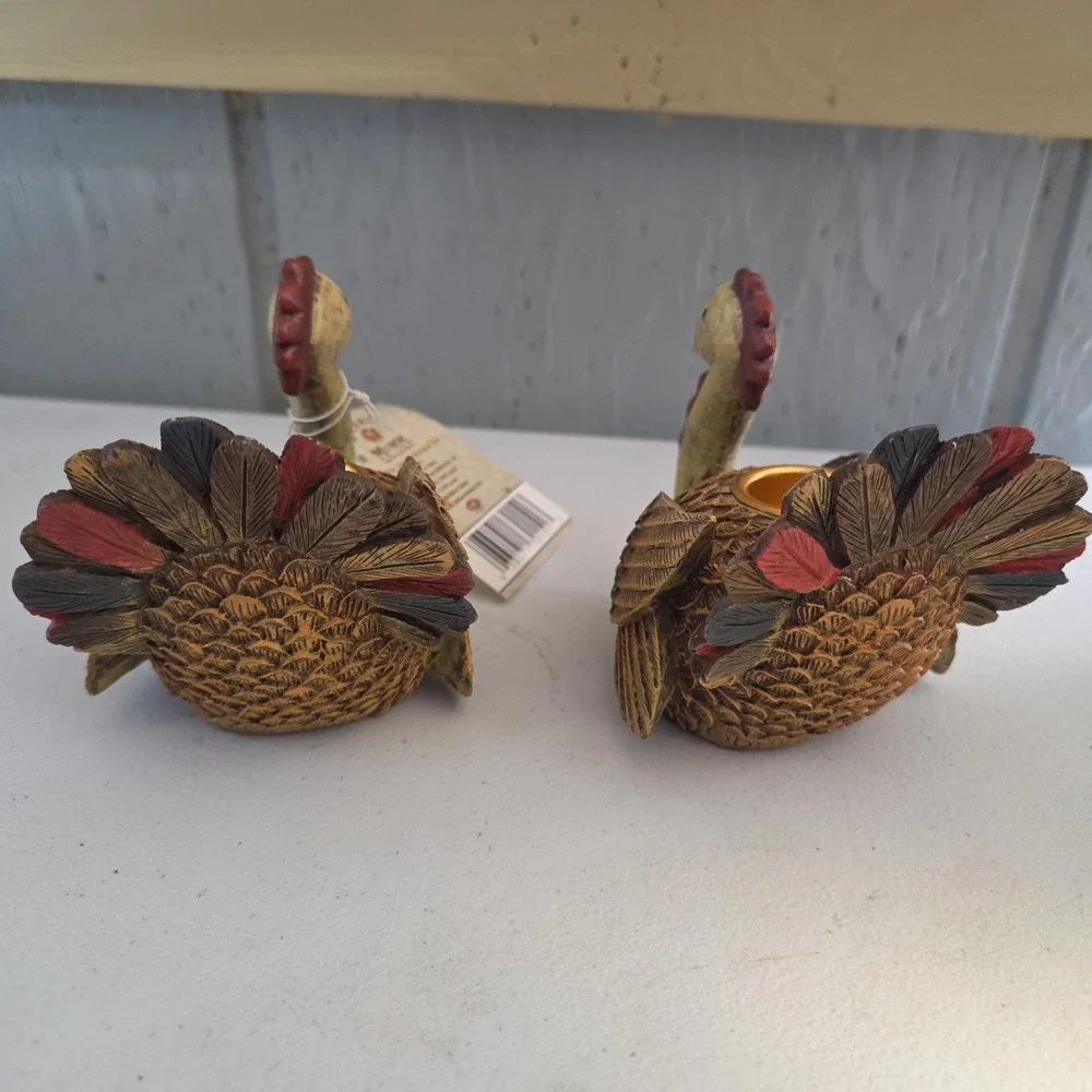 Set of 2 Debbie Mumm Turkey Candle Stick Holders Thanksgiving Fall Autumn Decor